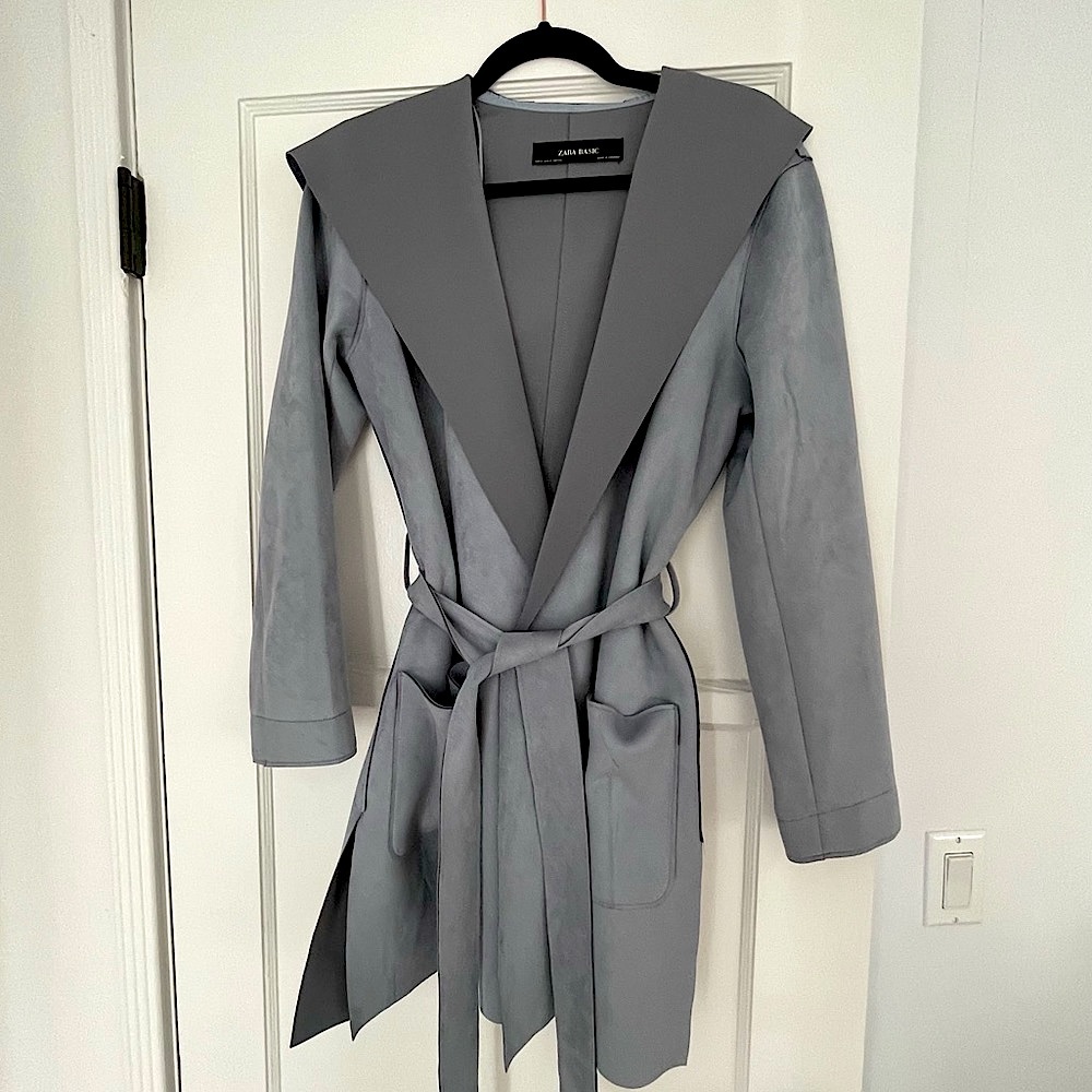Zara faux suede blue wrap coat with hood